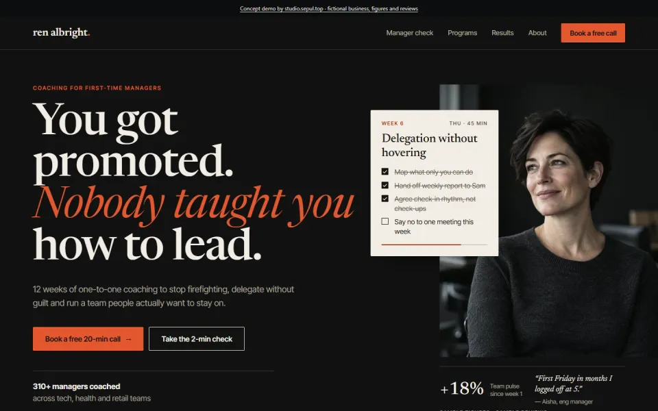 Ren Albright, a concept coaching site: bold headline on a dark page with a weekly programme card.