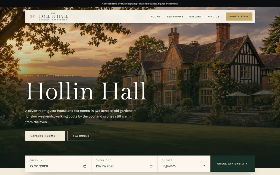 Hollin Hall, a concept guest-house site: full-bleed photo of the house with a booking bar.
