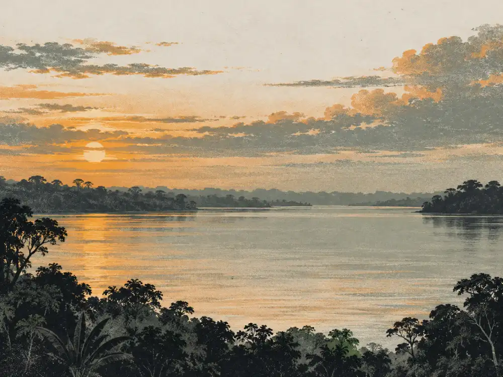 A wide Borneo river at dusk with a low distant skyline, in a risograph print style.