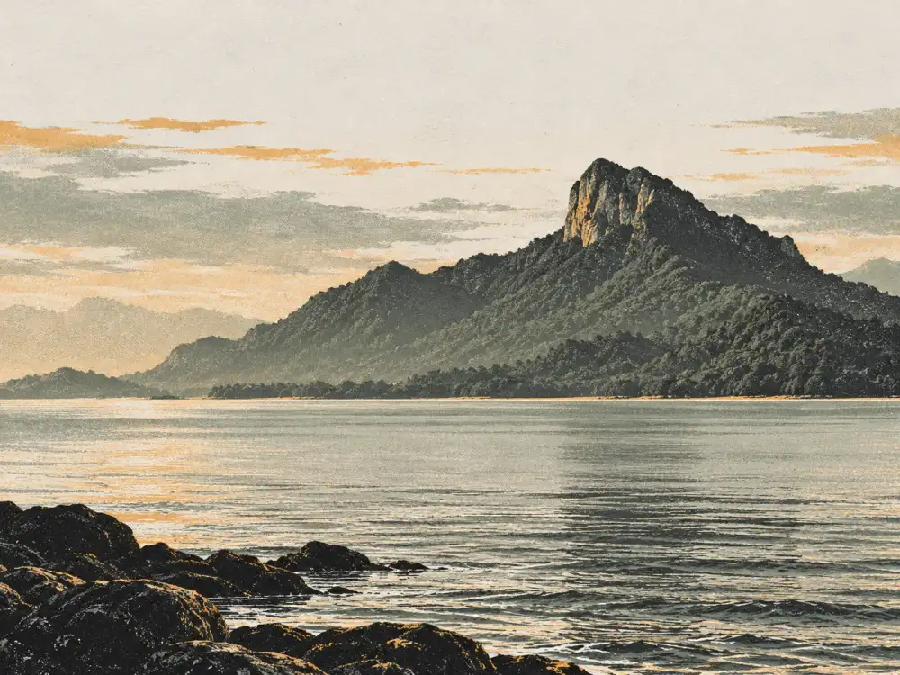 A Mount Santubong-like peak over the sea, in a risograph print style.