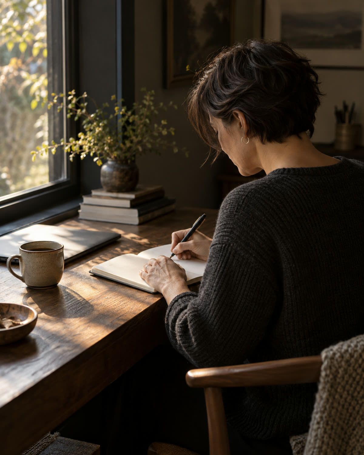 Ren Albright at a desk with a notebook and a cup of coffee