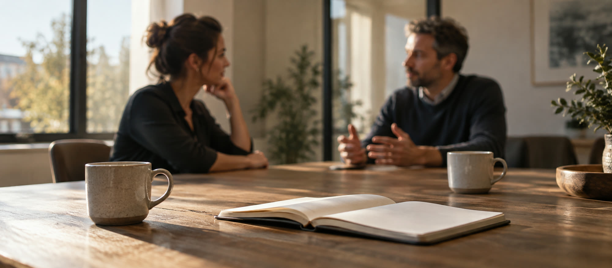 Ren and a new manager at a table, mid-way through a one-to-one coaching session
