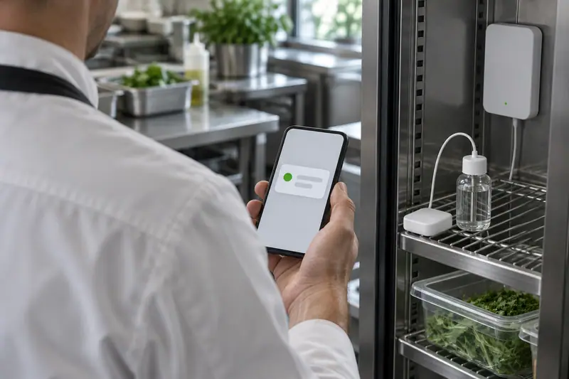 Over the shoulder of a chef in whites reading a notification on a phone in a kitchen, with an open fridge holding a sensor and a gateway beside him.