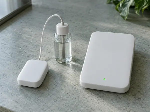 A white round temperature sensor, a small probe bottle and a slim white gateway with a green light, laid out on a grey-green stone surface.