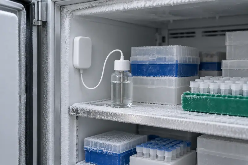 The inside of a frosty laboratory freezer with racks of sample tubes and a small white sensor fixed to the inside wall.