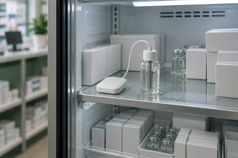 A glass-door medicine fridge holding white boxes, with a small white sensor sitting on one of the shelves.