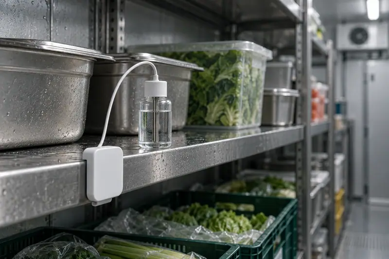 Steel shelving inside a walk-in cold room, with a small white sensor clipped to a shelf and a temperature probe standing in a bottle.