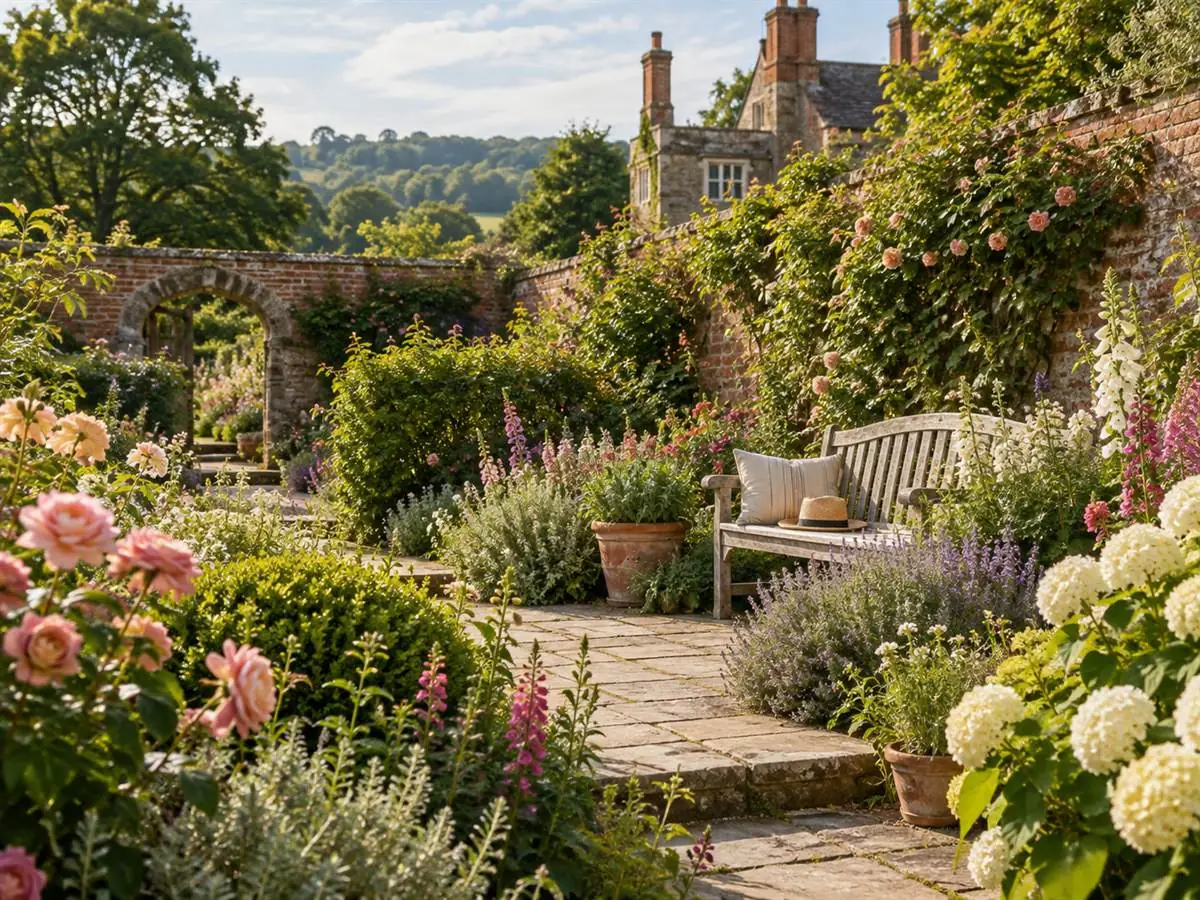 Walled garden with deep borders in summer