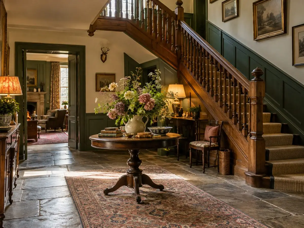 Entrance hall with a staircase and flagstone floor