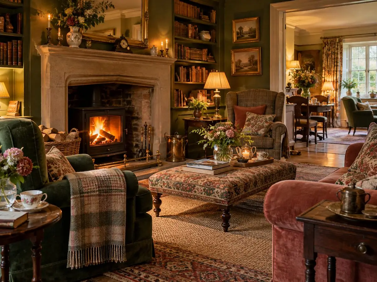 Lounge with a log fire and armchairs