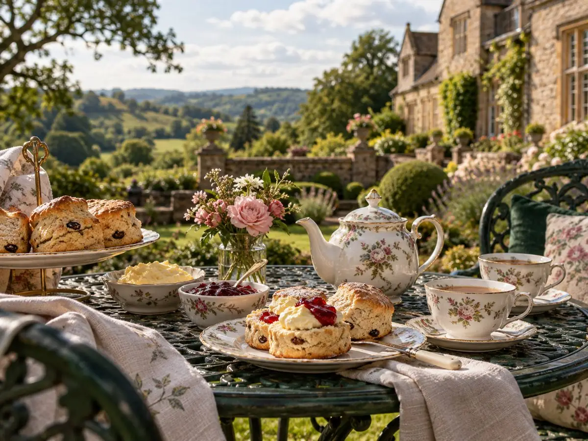 Cream tea served on a garden table