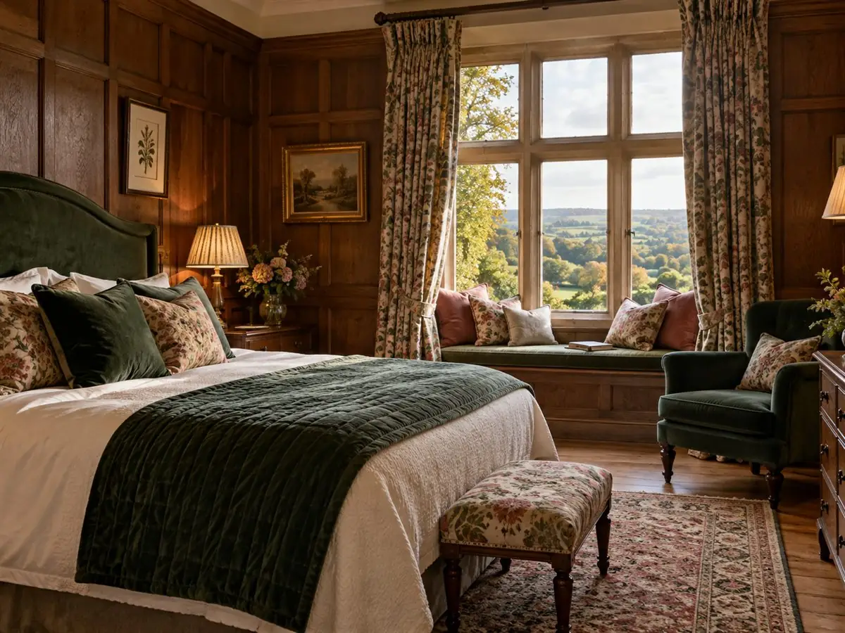 Double room with panelled walls and a window seat
