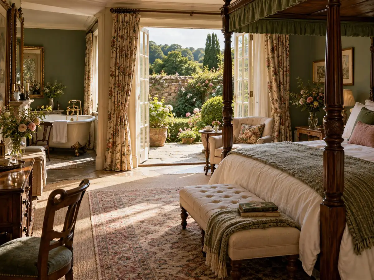 Garden suite with a four-poster bed and views over the lawn