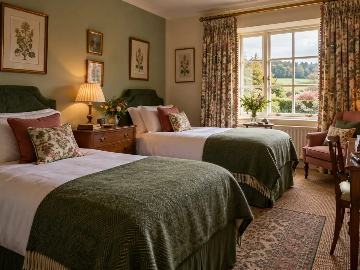 Twin room with two single beds and floral curtains