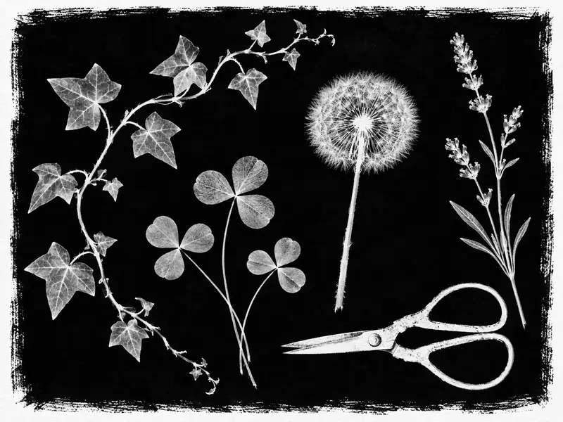Small cyanotype of garden cuttings, a dandelion clock and a pair of scissors