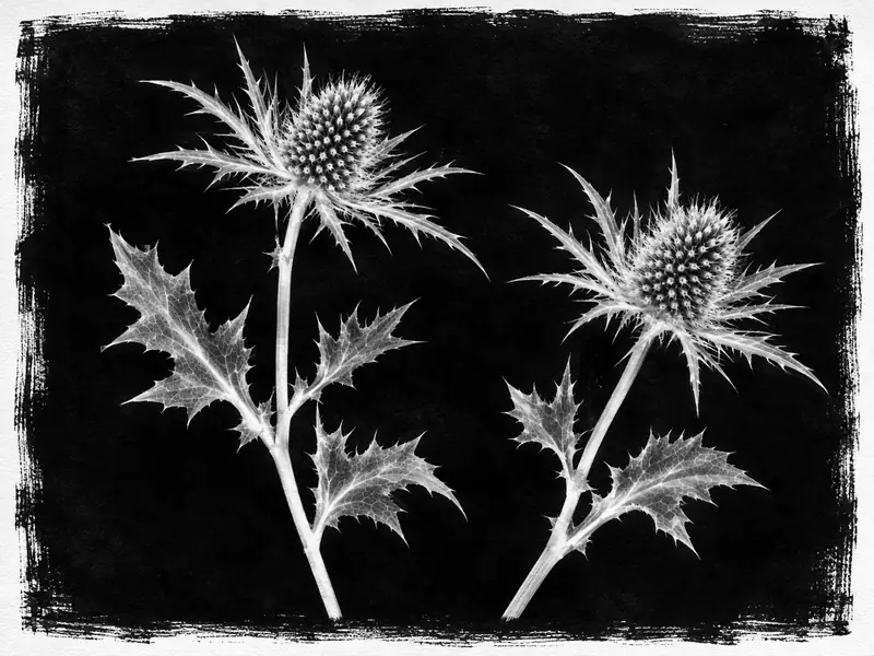Small cyanotype of two sea holly stems with spiky heads
