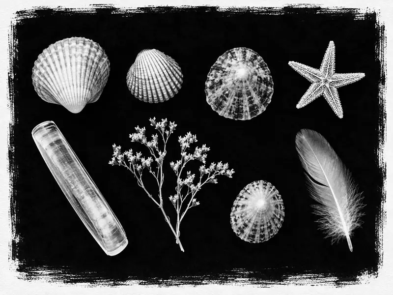 Small cyanotype of a child's beach finds: shells, a starfish, a feather and sea lavender
