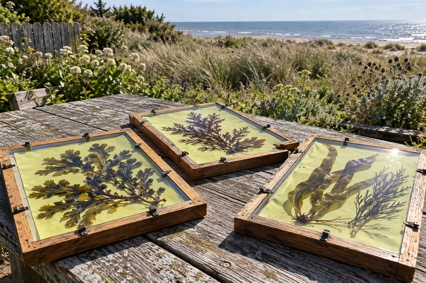 Three glass printing frames on a weathered garden table in bright sun, seaweed pressed onto pale yellow-green coated paper