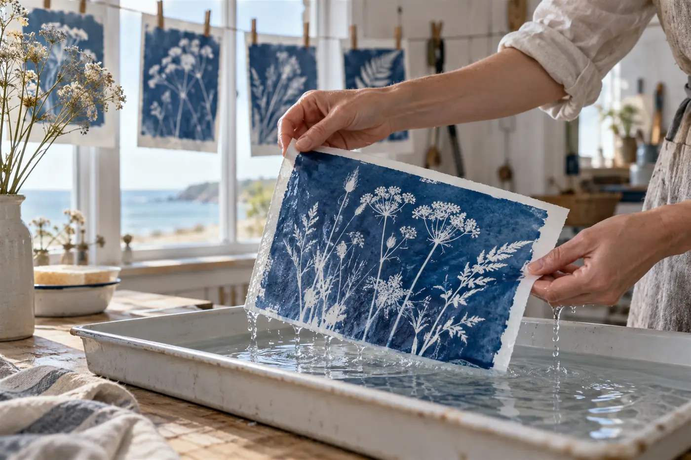 Hands lifting a freshly washed blue print out of a shallow tray of water, with prints drying on a line by the window