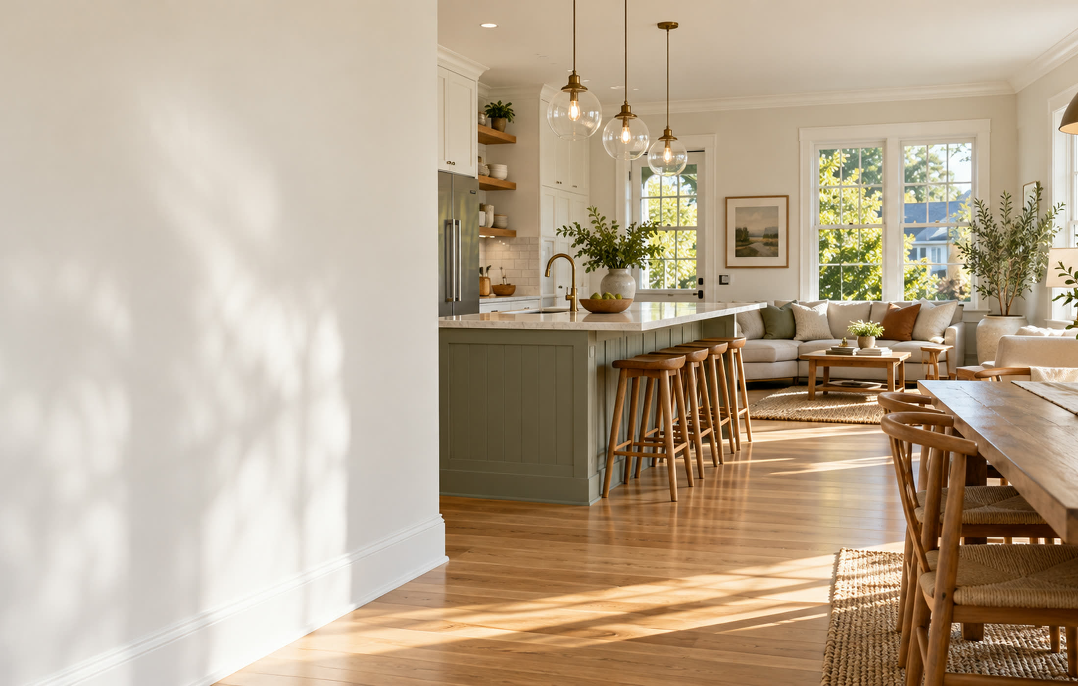 Bright Portland kitchen and living room in morning light, with white oak floors and a linen sofa