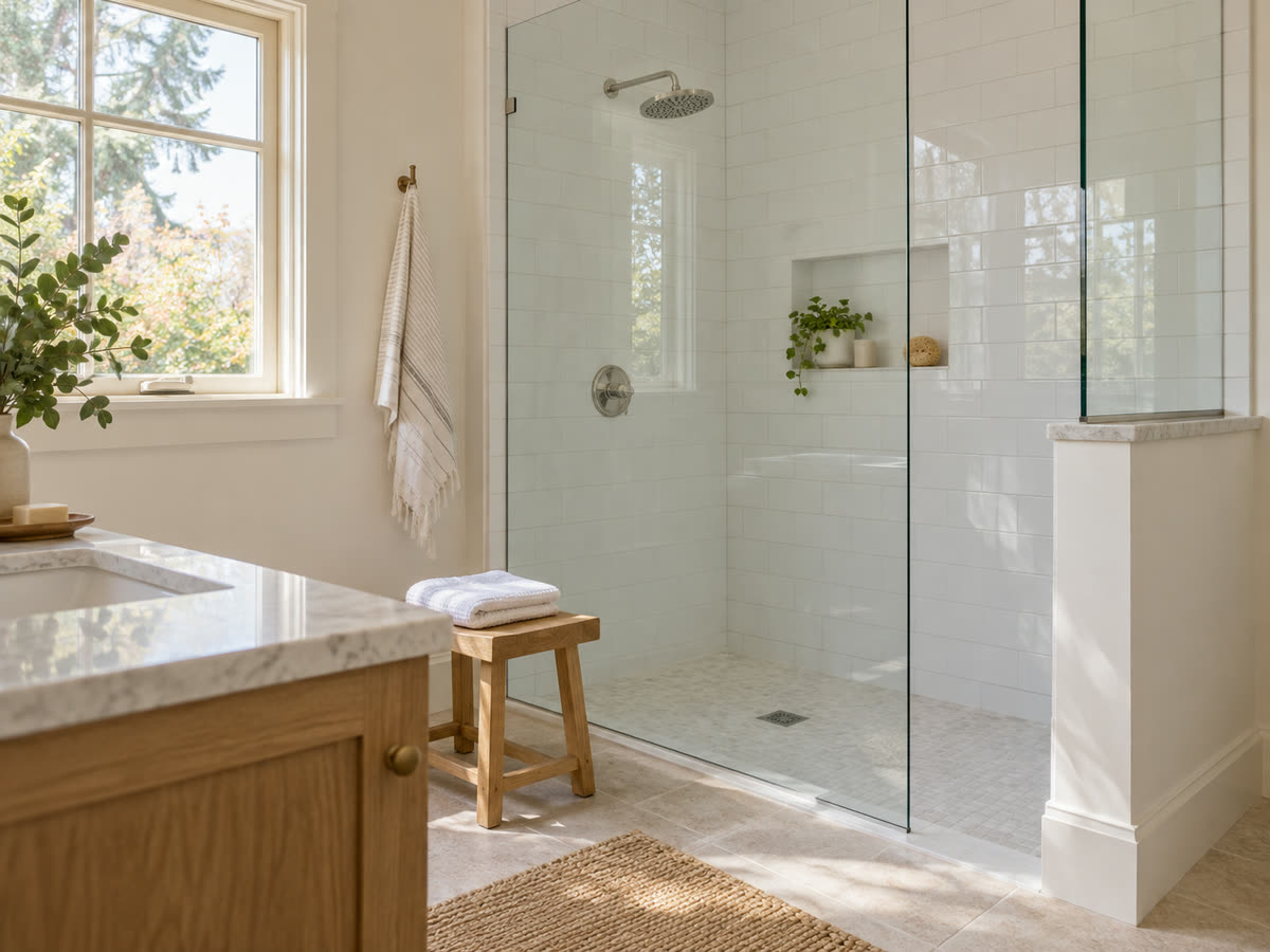 Bathroom after a deep clean, with spotless tile, shower glass and folded towels