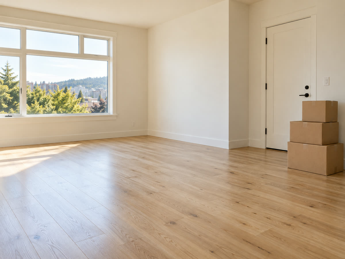 Empty, clean living room with bright floors, ready for the next move-in