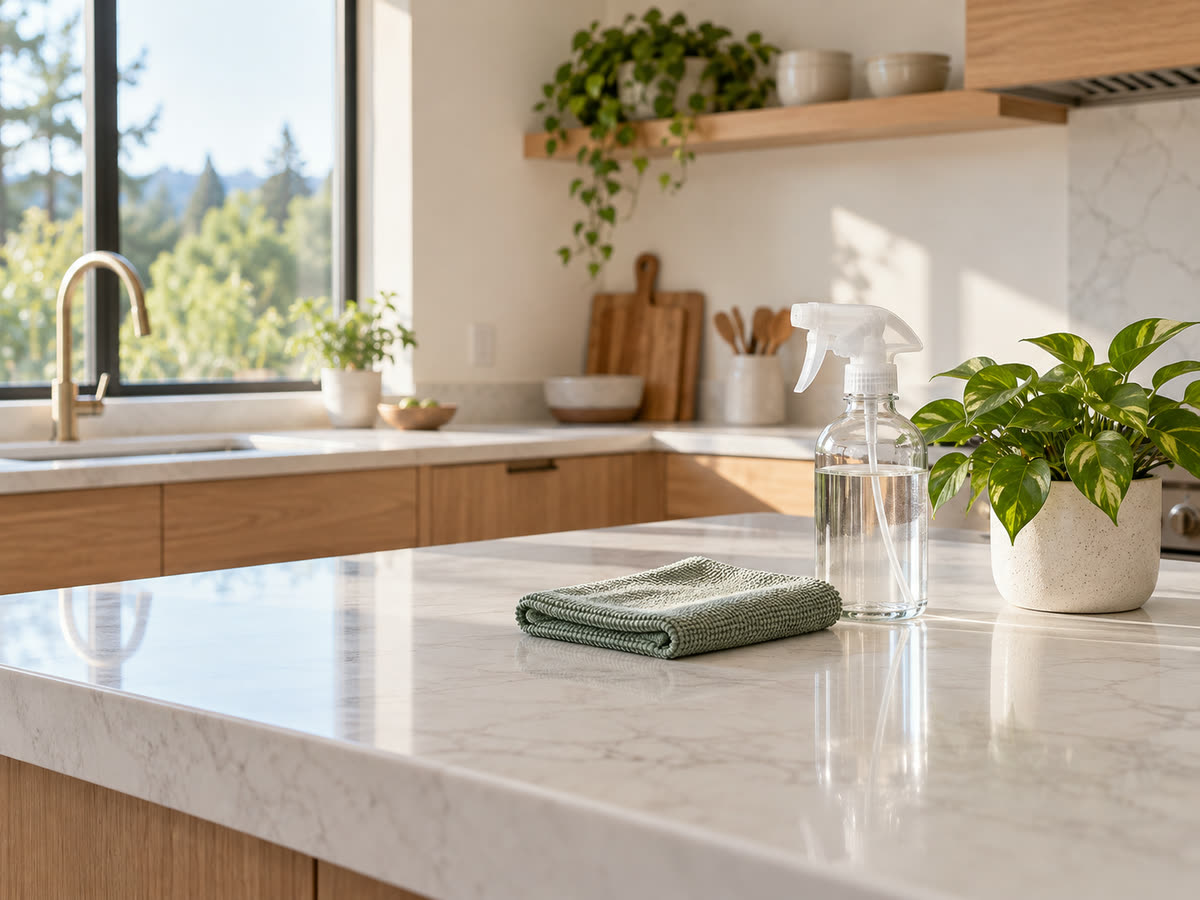 Kitchen after a standard clean, with clear counters and a folded linen cloth by the sink