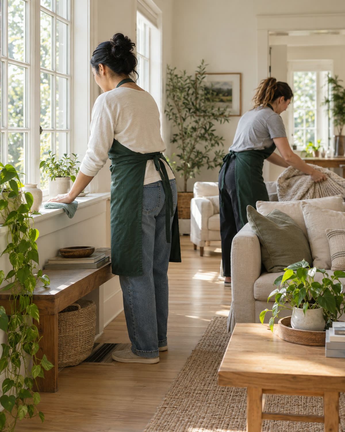 A Tidewell cleaning team member tidying a sunlit living room